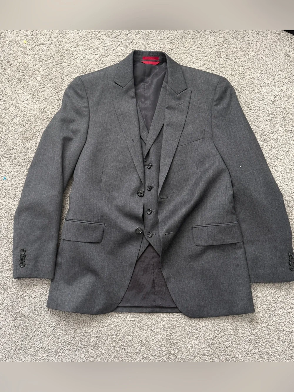 Alfani Mens 3 Piece Suit 100% Wool Gray Jacket 36S Vest Pants 30x30